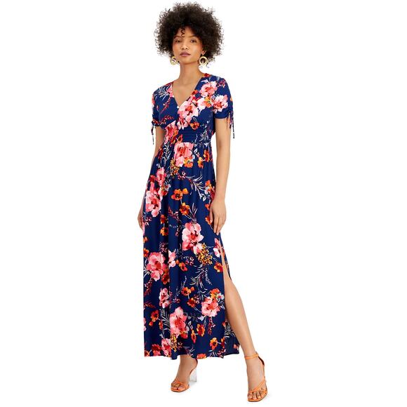 BAR III Blue Floral-Print V-Neck Smocked-Waist Short Sleeve Maxi Side-Slit Dress - Picture 1 of 12